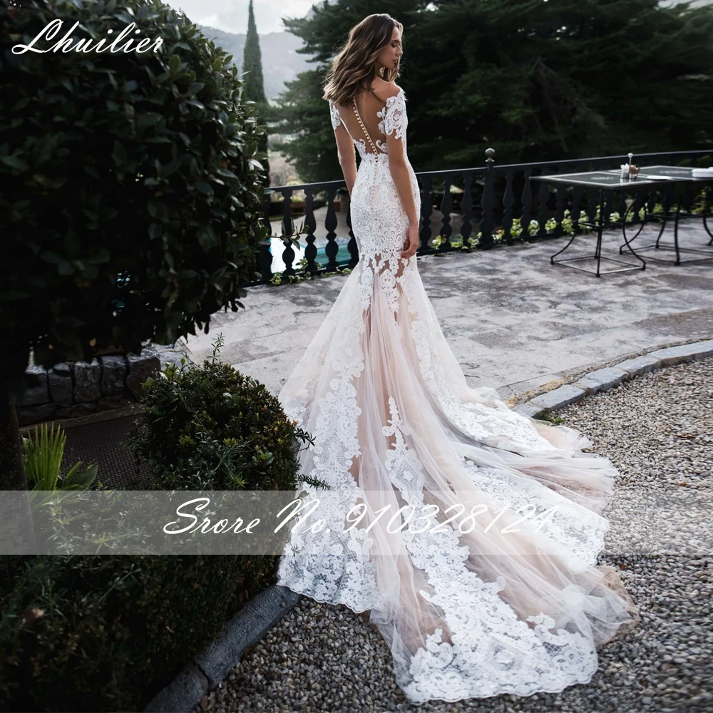 Lhuillier op maat gemaakte doorzichtige zeemeermin kanten applicaties trouwjurken vloerlengte lange mouwen bruidsjurk met kapelsleep