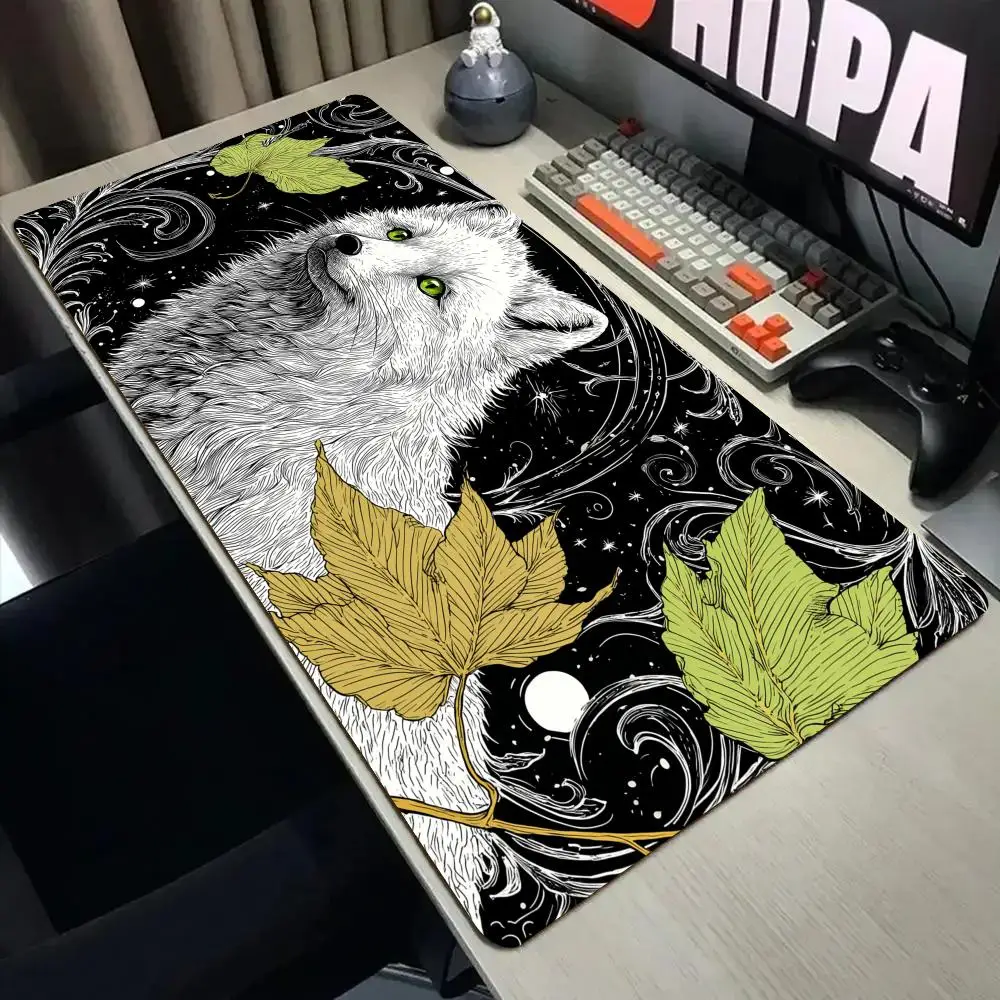 White foxs in Ukiyo-e style Mouse Pad Desk Mat with Stitched Edge xxl mousepads Rubber Anti-slip gamer Keyboard Rug gaming mats