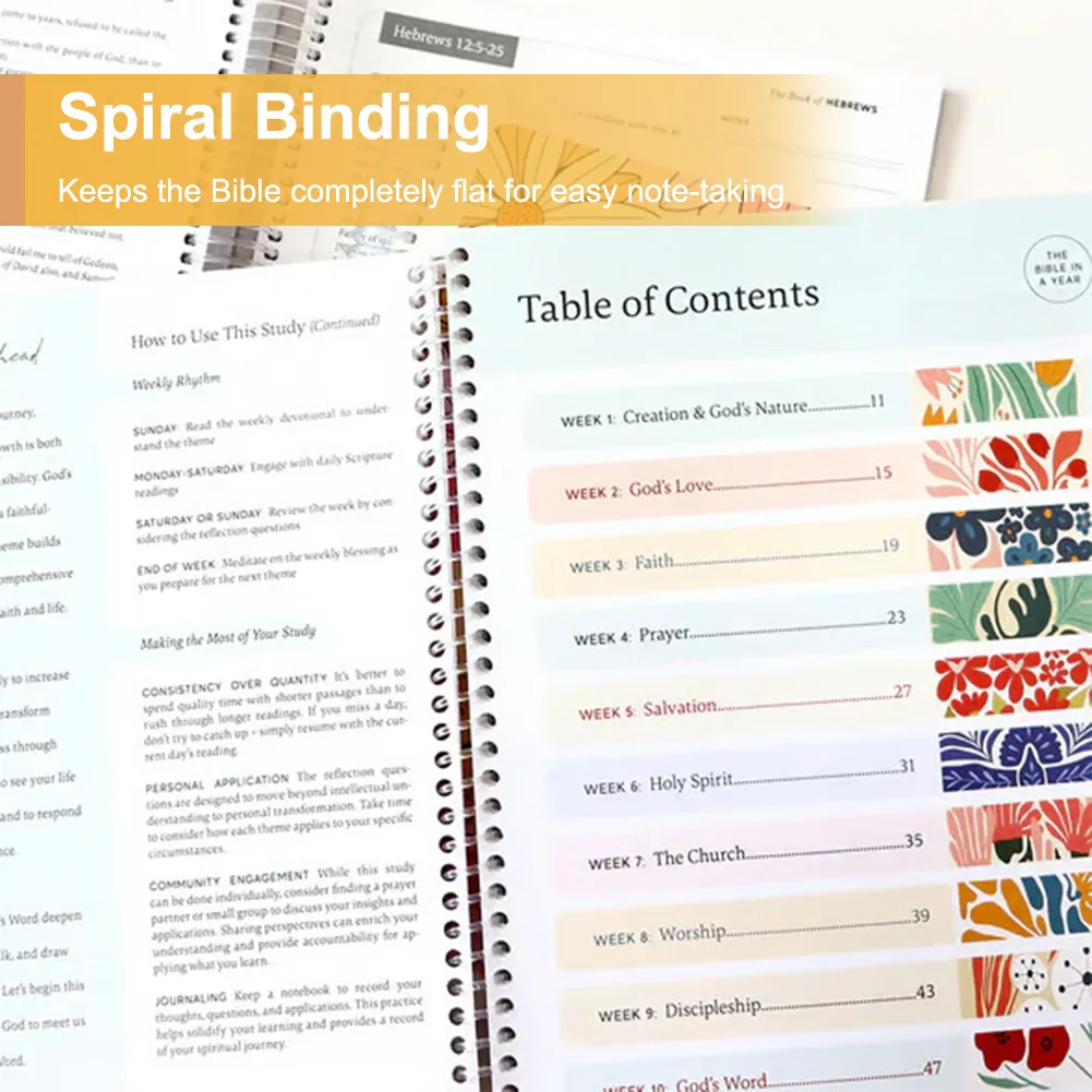 The Bible in A Year Leak-Proof Spiral Bible Study Guide A 52-Week Study Plan Notebook Multi-Purpose English Planner Notebooks