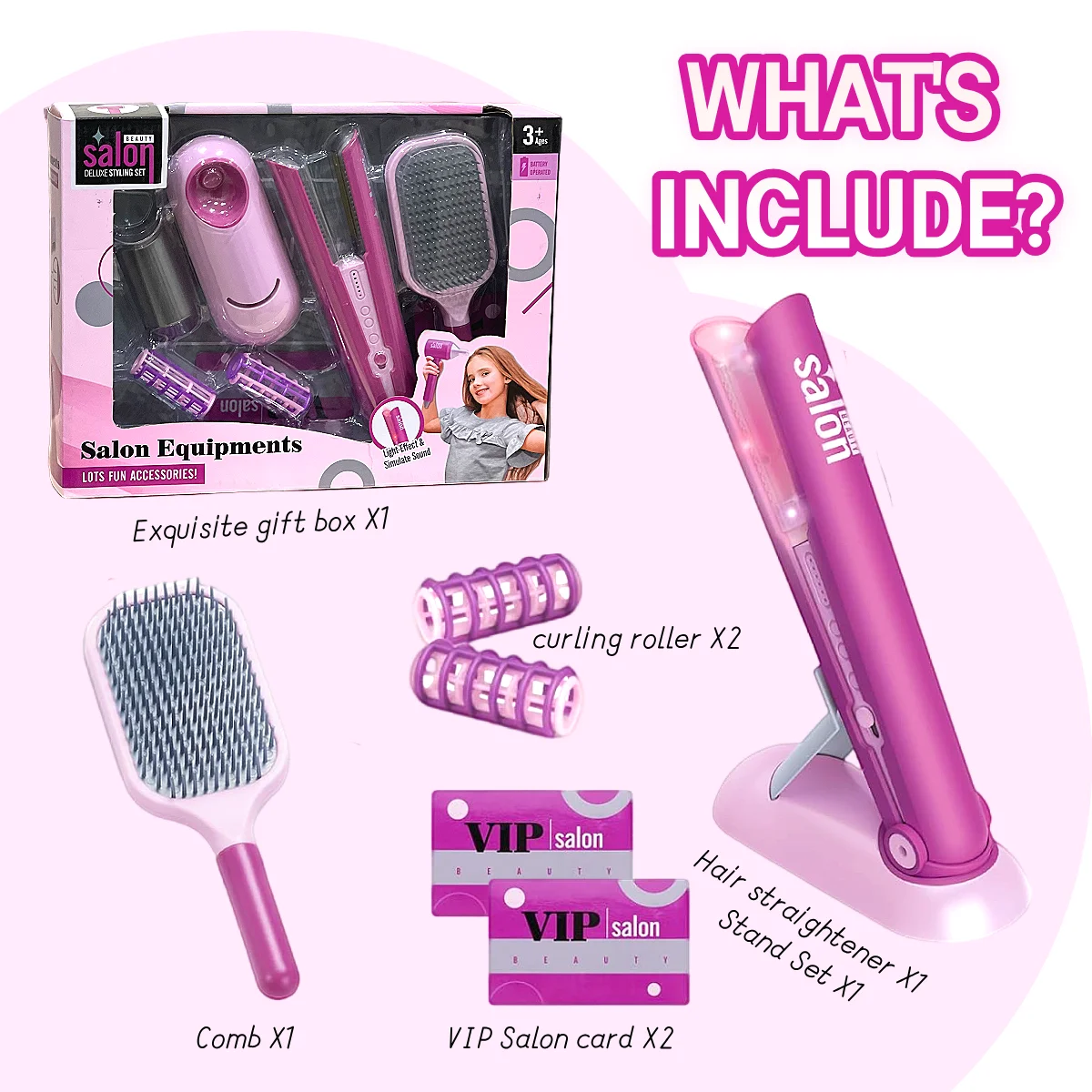 Kit de juguetes de peluquería de belleza para niñas de 8 piezas con alisador y accesorios de peinado, juego de estilista de muñecas de juego de simulación de moda, Navidad