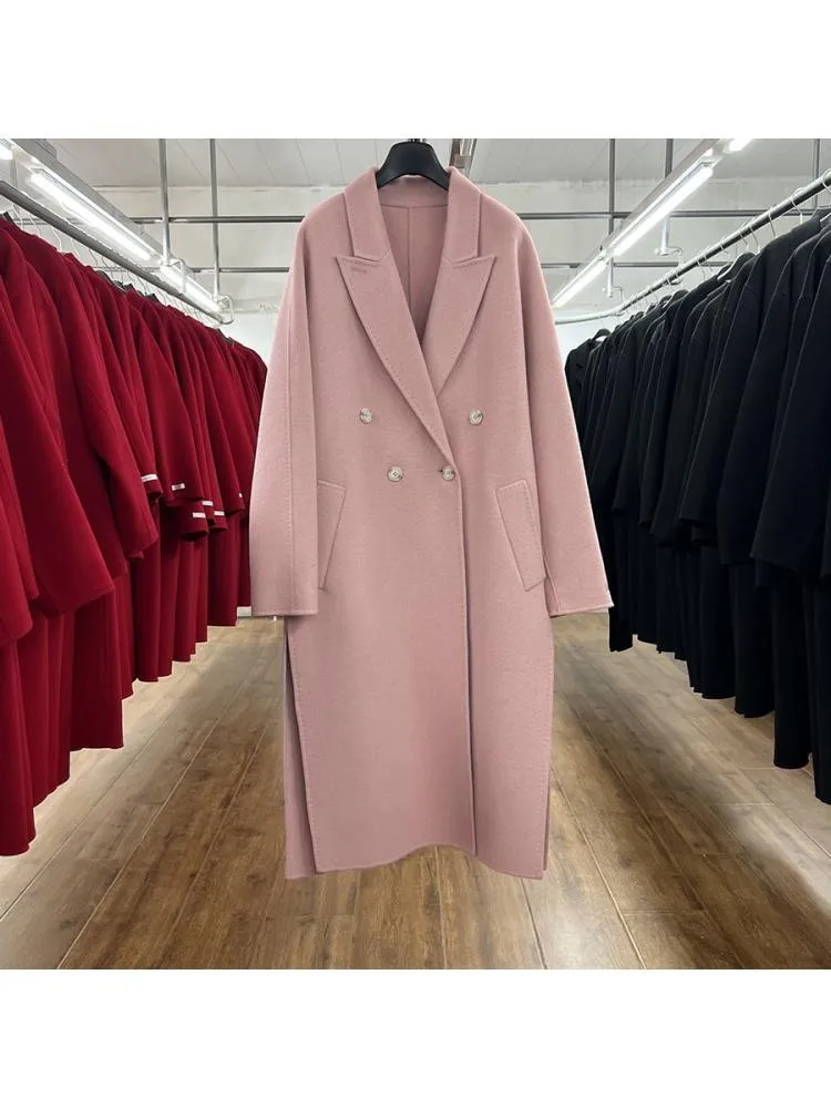 2023 Winter New Korean Style Double Breasted Loose Pink Long Woolen Jacket Overcoat Women Handmade Gray 100% Wool Coat