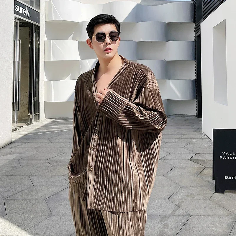 Menswear 2 Piece Sets Pleated Fabric Oversize Loose Casual Long Sleeve Shirt Pant Streetwear Vintage Fashion Shirt Trouser Suits