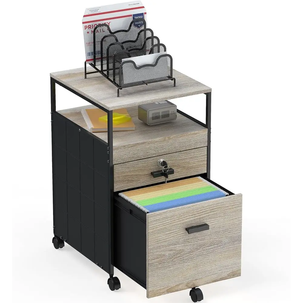 Maple Rolling File Cabinet with Open Shelves and Lockable Storage Drawer