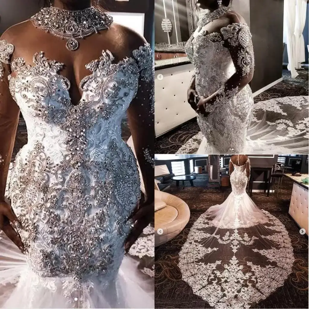 

High Neck South African Mermaid Wedding Dresses Lace Crystals Beading Long Sleeves Bridal Gown High Neck Plus Size Vestiods