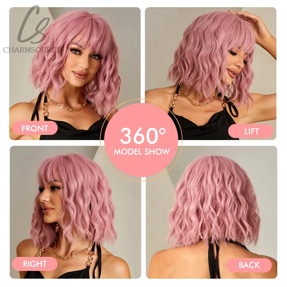 CharmSoure Pink Short Wavy Cosplay Lolita Wigs with Curly Bangs Natural Bob Synthetic Hair Wig for Women Heat Resistant Hair