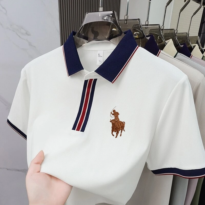 Men's High-Quality Embroidered Logo Short-Sleeved Polo Shirt, Summer Fashion, Casual, Comfortable, Breathable T-Shirt Top