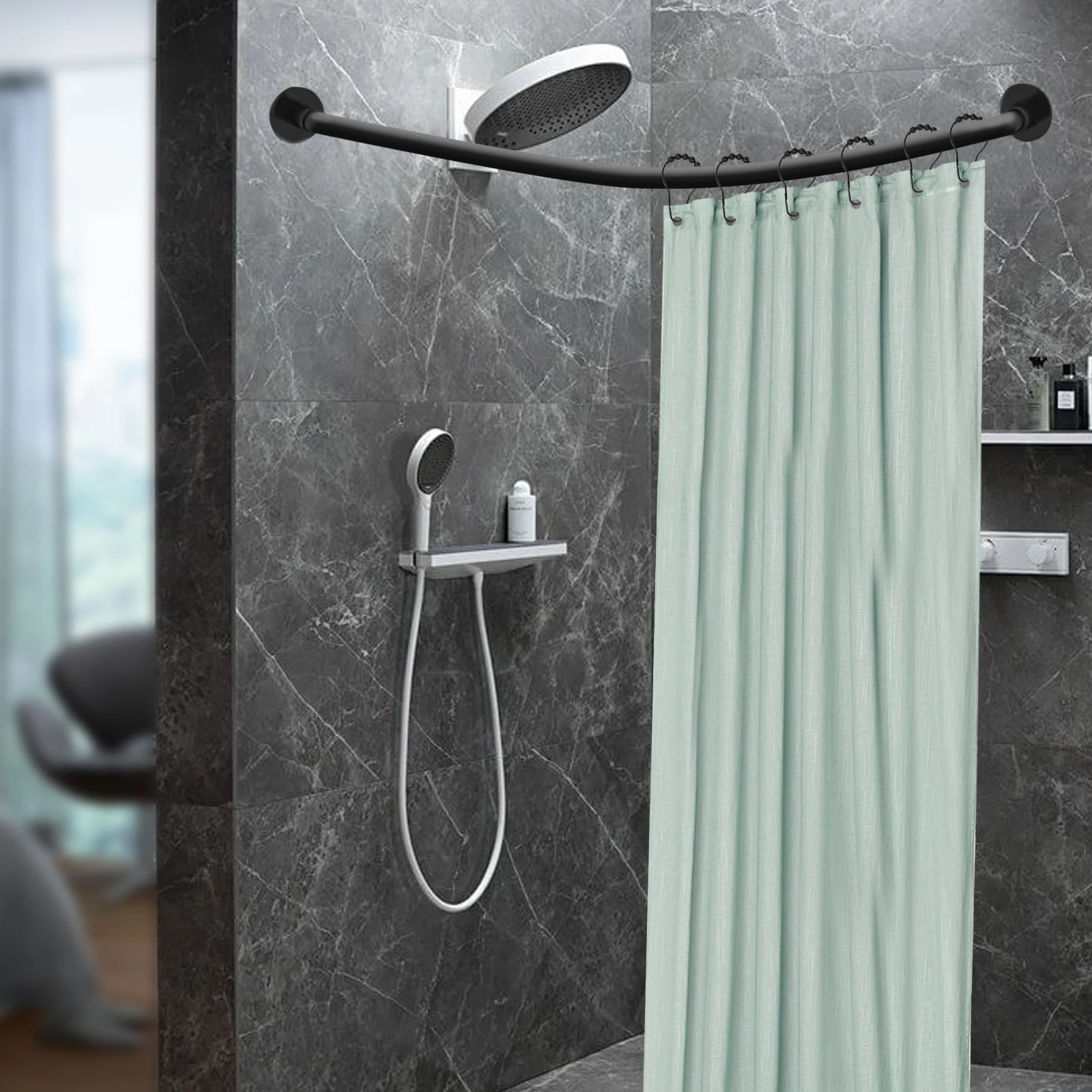 L Shaped Shower Curtain Rod Stainless Steel Bathroom Shower Pole Rail Adjustable