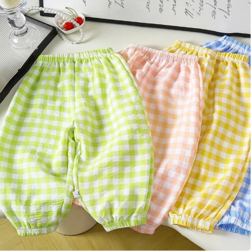 

12m-6y Kids Clothing Summer Thin Plaid Anti Mosquito Pants Baby Boys And Girls Loose Casual Trouser Simple Fashion Girls Bloomer