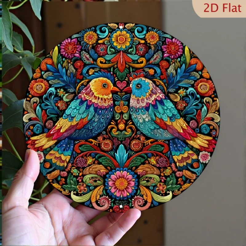 VIVID Metall-Wandkunst, 7,87 Zoll, rundes Vogel-Blumen-Blechschild, rustikale Dekoration für Zuhause, Café, Garage
