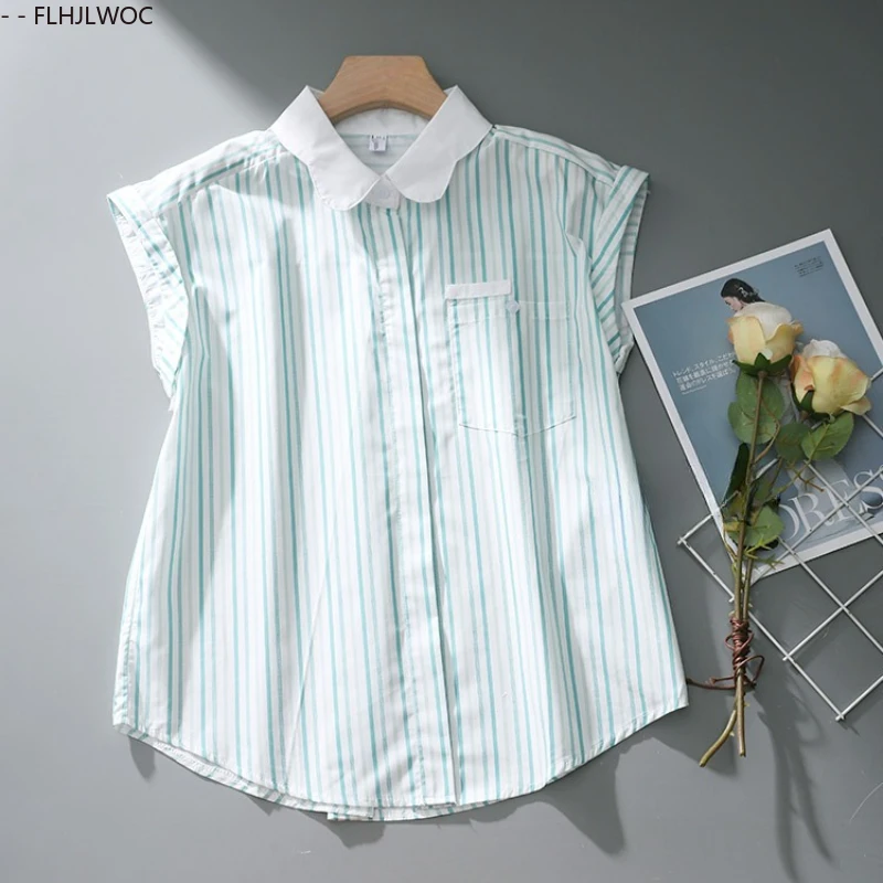 Mince aéré coton lin ample décontracté hauts Blouses nouvelle mode femmes été vert rayé chemises Y2K rétro Vntage mignon Blouse