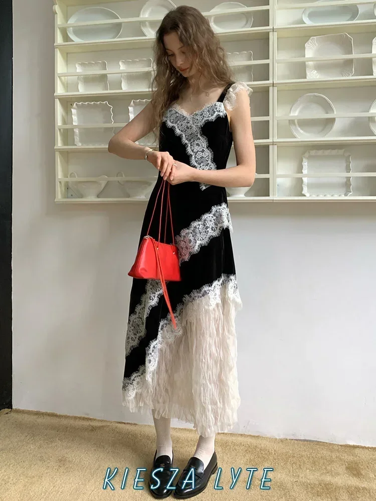 

Kiesza lyte 2024 Fashion Summer Dress Party French Style Vintage Lace Patchwork Velvet Temperament Vest Sexy Dress for Women