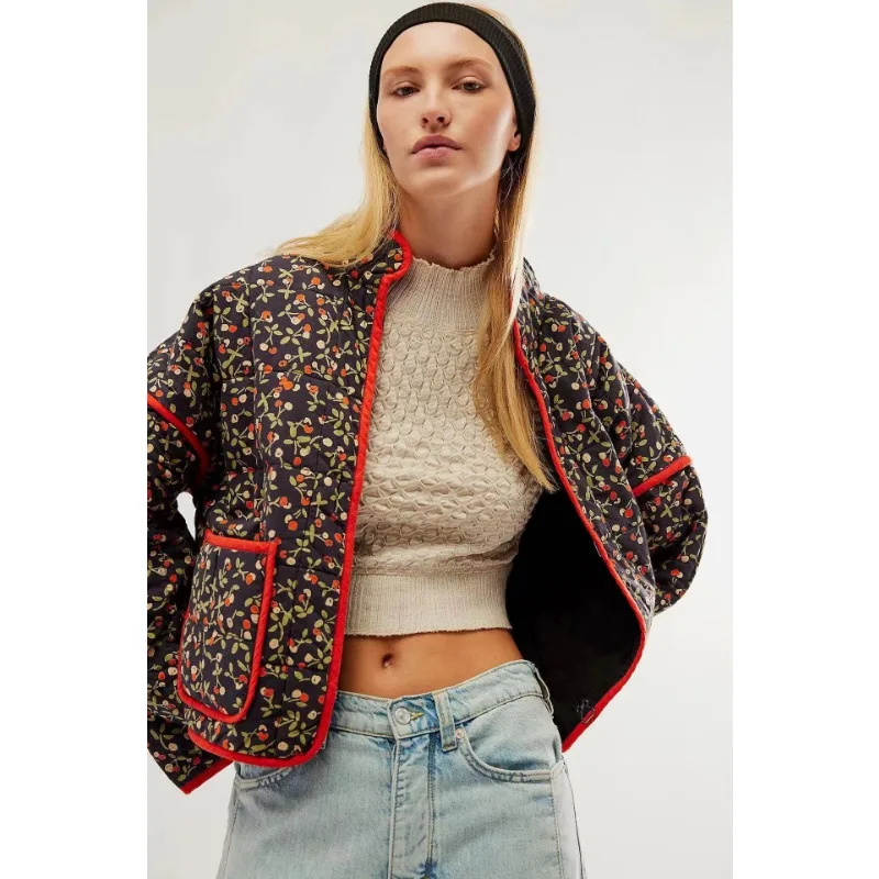 

New Chic Vintage Floral Print Cotton Coat Autumn Winter Women Jacket Long Sleeve Cardigan Pocket Streetwear Short Quilted Jacket