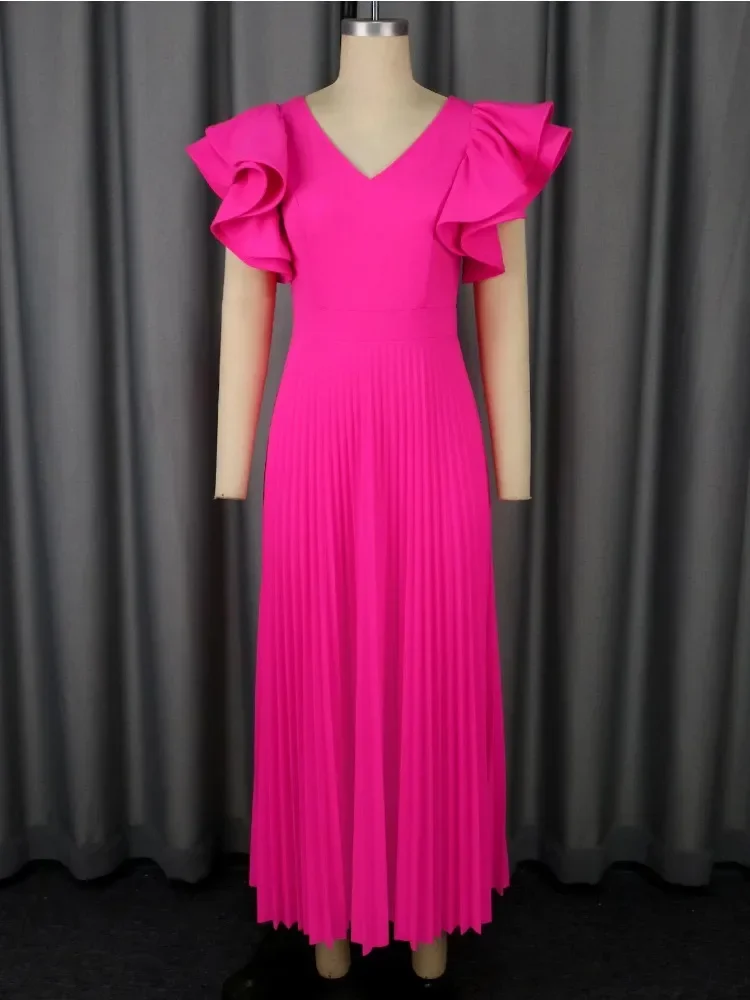 Flowy Pleated Maxi Dress for Women with Ruffle Sleeves and V Neck Ideal for Weddings Formal Dinners or Special Evening Occasions