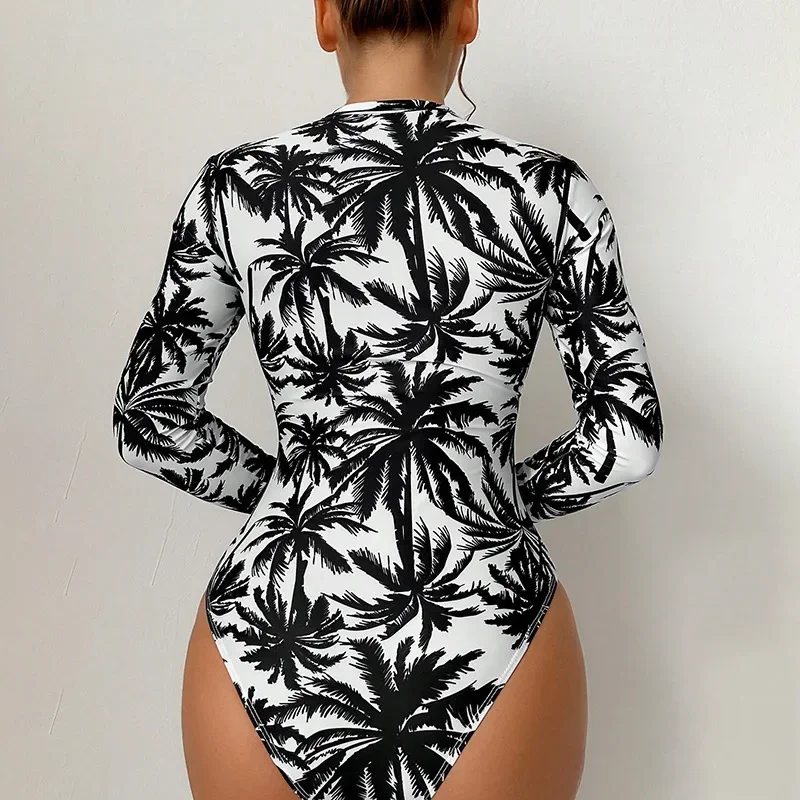 Women Summer Printed Swimsuit Fashionable High Waisted Long Sleeved Swimsuit Sexy Tight Fitting Quick Drying One Piece Swimsuit