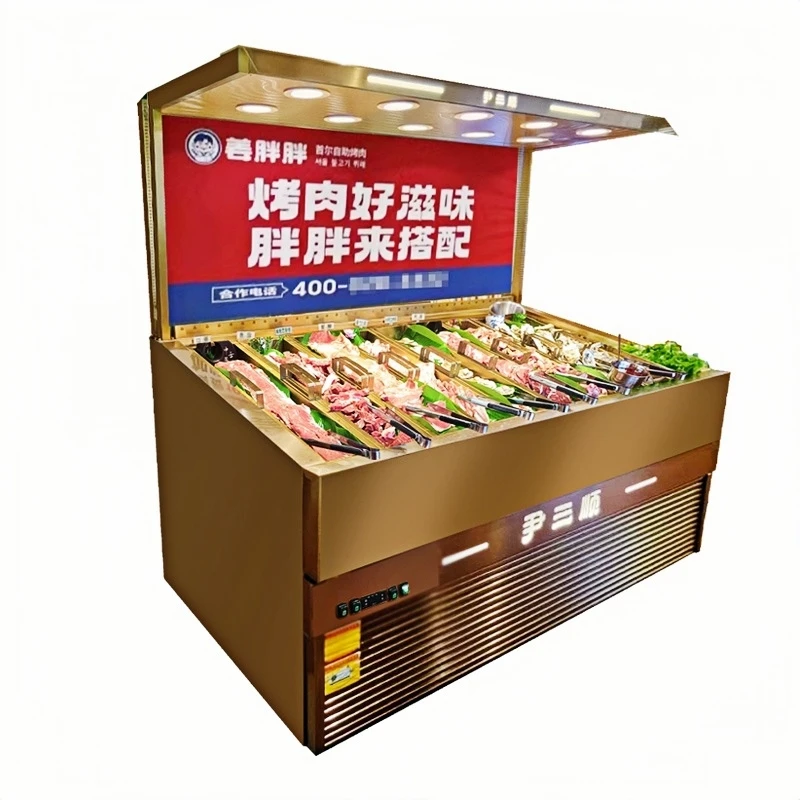 ثلاجة عرض أفقية مبردة بالهواء لشواية أسياخ الوعاء الساخن - مثالية لعرض توابل اللحوم الطازجة على طراز البوفيه