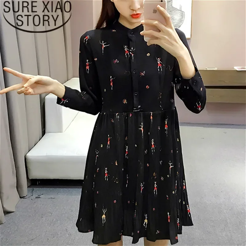 Fashion Woman Dresses 2024 Spring Long Sleeve Print Chiffon Dress Women Loose Empire Button Pleated Women Dress 2186 50