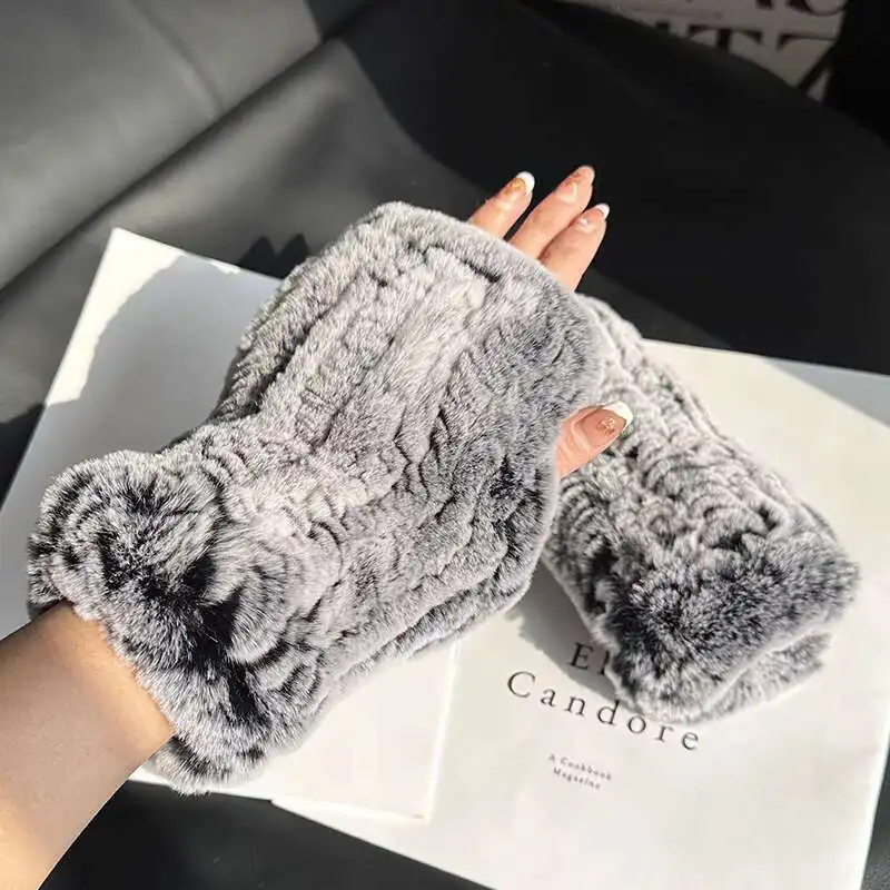 

Winter Rex Rabbit Fur Gloves Plush Thickened Warm Half Finger Gloves Elastic Genuine Fur Hand Warmer Gloves Natural Fur Gloves