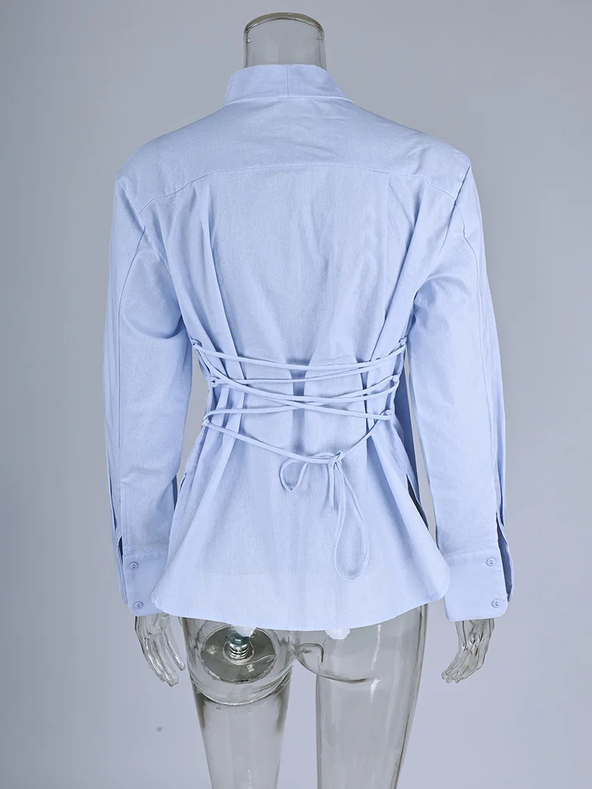 Camicetta con fasciatura posteriore solida e sottile Camicie da donna monopetto con colletto couverture Camicie semplici a maniche lunghe moda casual Top Femme