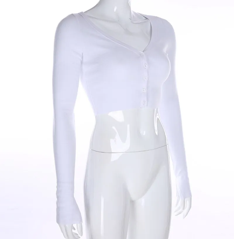 Seksowny, długi top typu bodycon z dekoltem w serek, zapinany na guziki, krótki T-shirt, nowość, luźny krój, casualowy, damski T-shirt, inna marka, 100% materiał