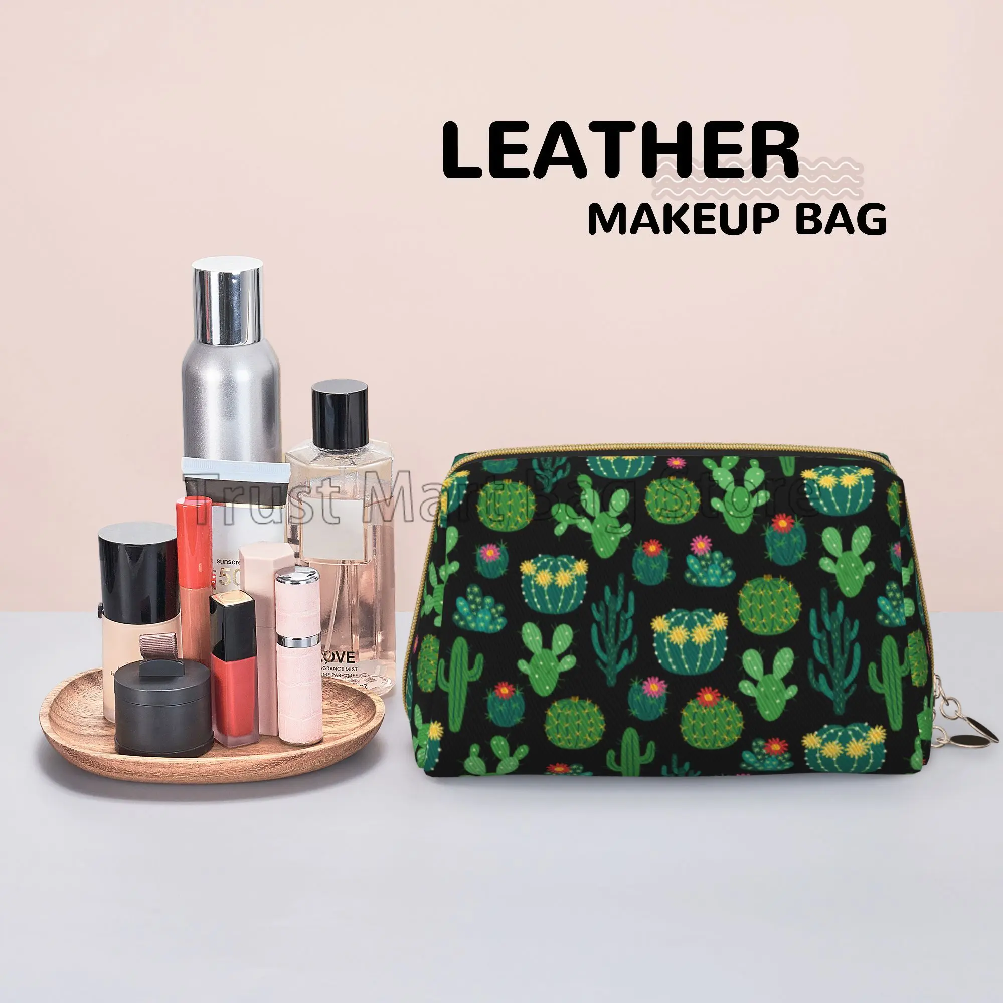 Fresh Blooming Cactus Green Floral Print Cosmetic Organizer Leather Women Travel Toiletry Pouch Cosmetic Bag Portable Makeup Bag