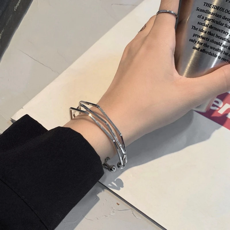 New Geometric Irregular Rhombic 3D Three Layers Open Cuff Adjustable Bangles Bracelets Women Jewelry Smooth Pulseiras
