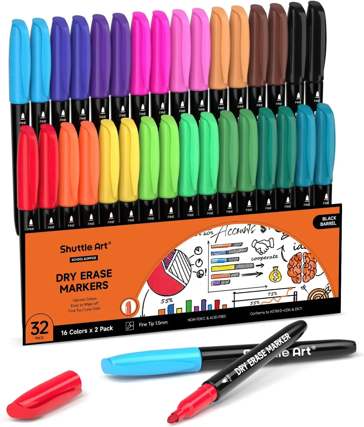 

Dry Erase Markers 32 Pack 16 Colors Fine Tip for Whiteboards Classroom Office Supplies