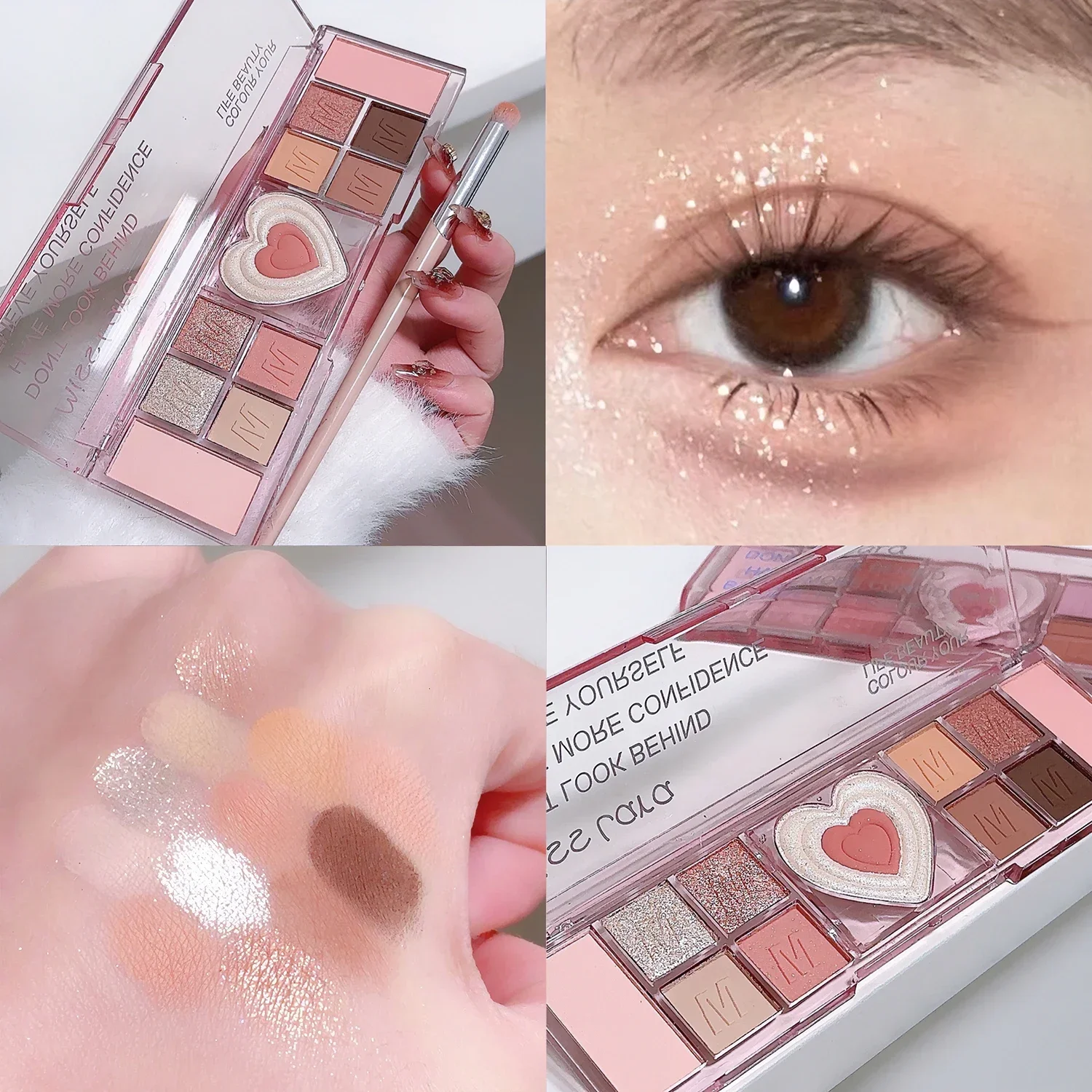 Heallor 12 Colors Love Heart Eyeshadow Palette Nude Natural Glitter Pink Low Saturation Eye Shadows Pallet Delicate Eye Makeup C