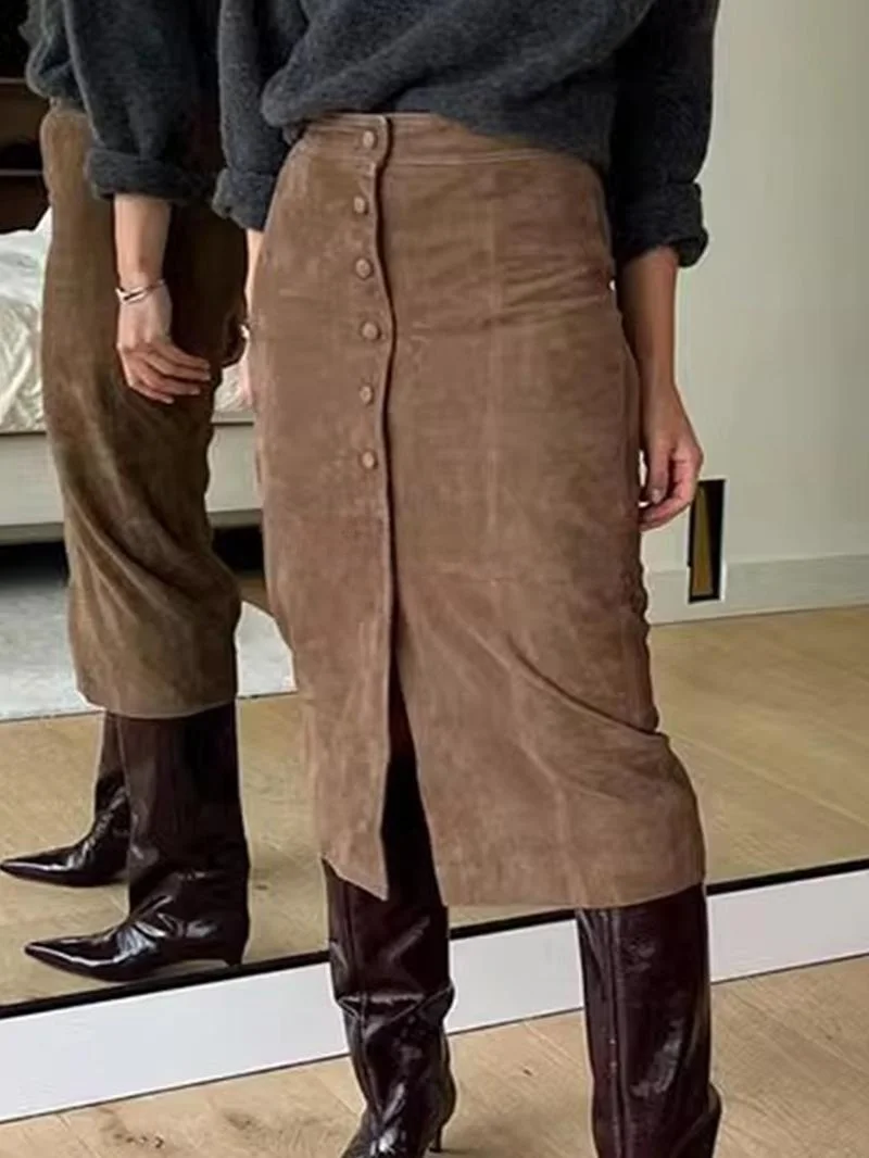 

Rouje Kefss Retro High Waist Half Body Skirt Women's New Autumn Long Skirt Commute Style Rectangular Pear Body Type