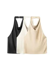 Women Fashion Satin Flowing Halterneck Tank Tops Sexy Backless With Button Female Camis Mujer