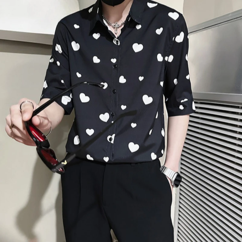 

Stylish Mens Half Sleeve Shirt with Floral and Heart Print Thin Comfortable Summer Wear for Daily Outfits