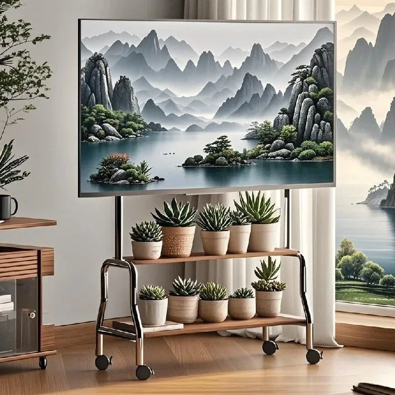 حامل تلفزيون متنقل فاخر من الفولاذ المقاوم للصدأ والخشب عربة تلفزيون متدحرجة مع عجلات قابلة للقفل لأجهزة التلفاز مقاس 32-75 بوصة في المنزل الراقية