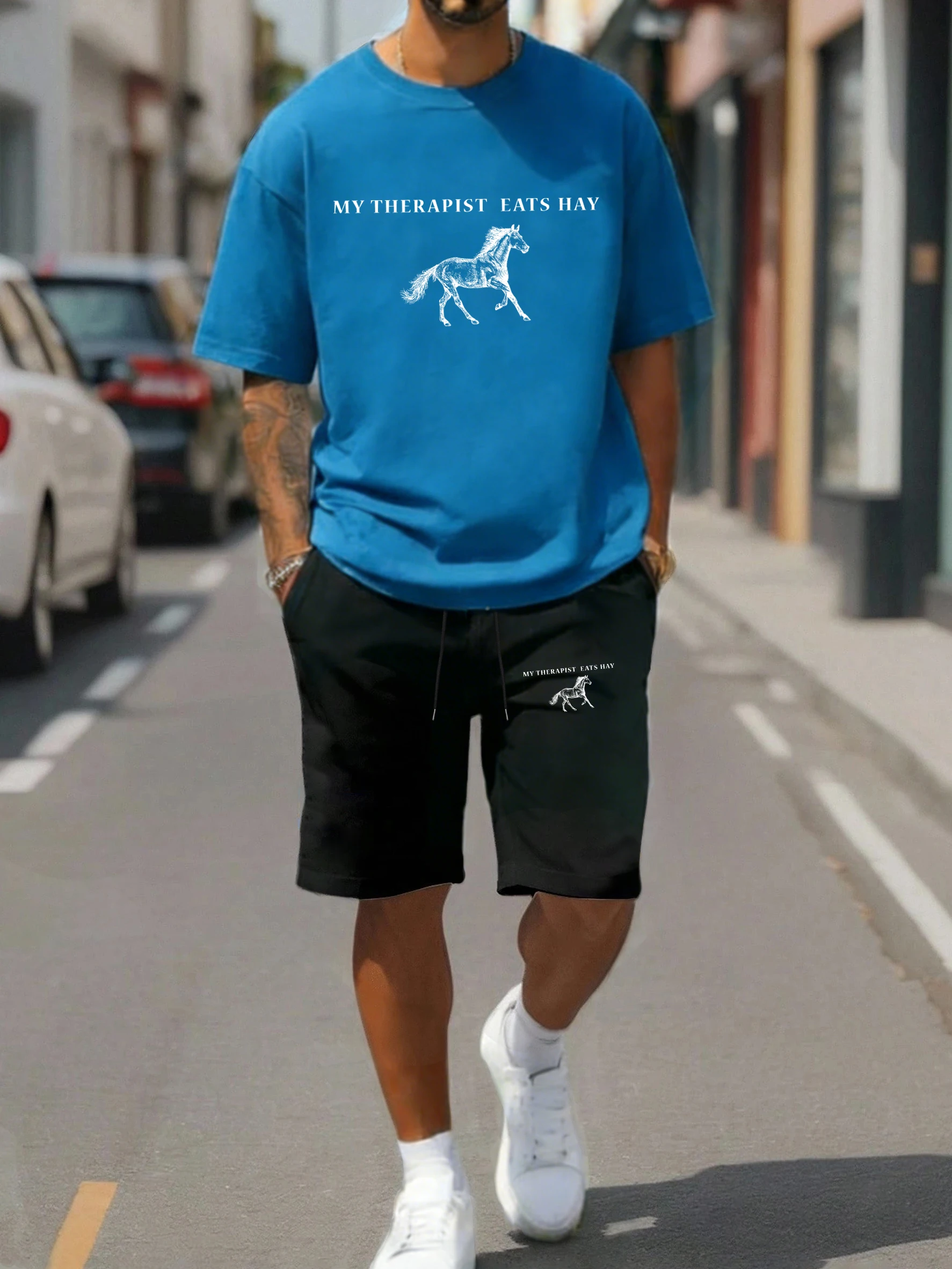 

My Therapist Eats Hay Print Sportsuit Men Cotton Fashion O-Neck T-Shirt All-Match Drawstring Shorts Unisex Summer Loose Tee Suit