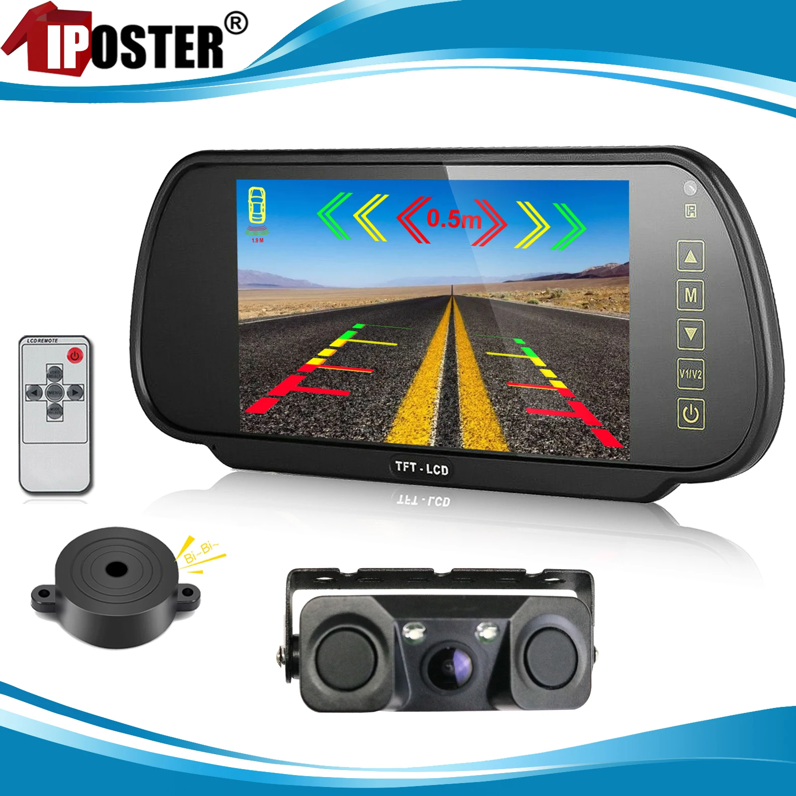 

iPoster 7 Inch IPS Screen AHD Car Rear View Mirror Monitor with Parking Radar Sensor Backup Camera Universal For Car SUV Rv