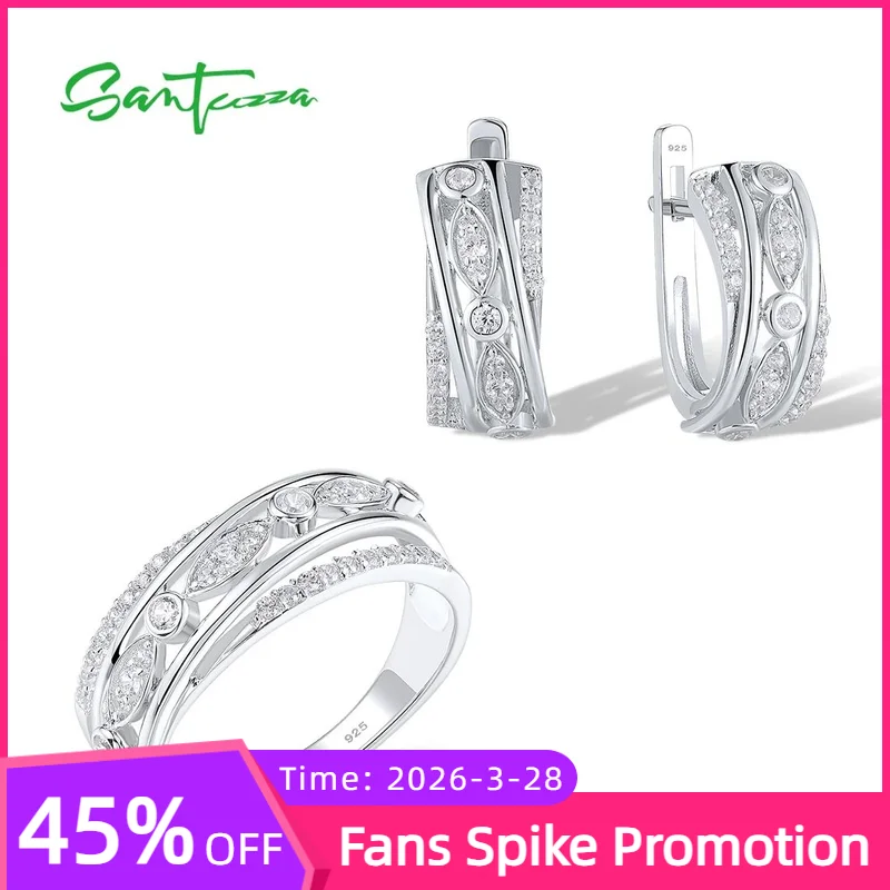 

SANTUZZA Genuine 925 Silver Jewelry Set For Women Sparkling White Cubic Zirconia Earrings Ring Set Party luxury Fine Jewelry