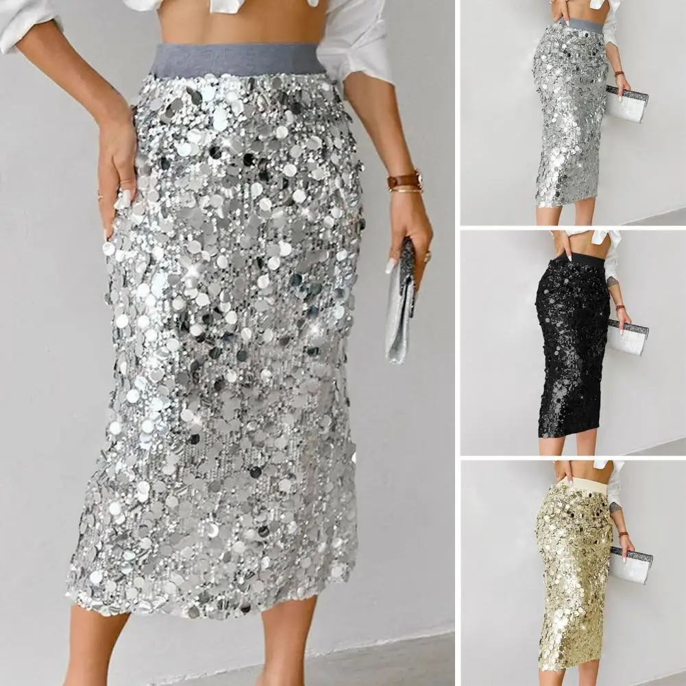 

Women Skirt High-waisted Skirt High Waist Sequin Glitter Skirt Mid-calf Hip-hugging Solid Color Wrapped for Wedding Clubwear