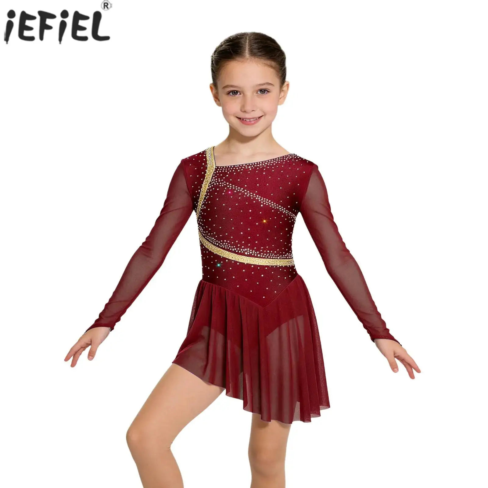 Mädchen Eiskunstlauf Lyrisches Tanzkostüm mit Netzstoff, Langen Ärmeln, Rückenausschnitt und Glänzenden Strass-Verzierungen, Ballett-Trikot