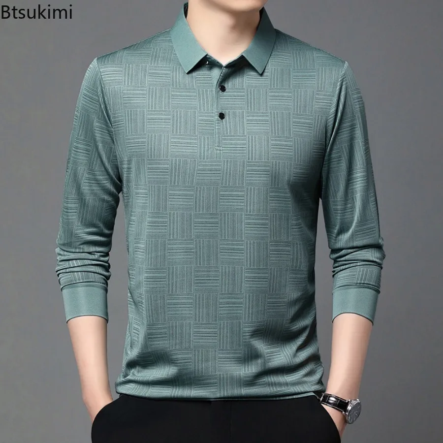 

2025 Men's Business Casual Long Sleeved Shirt Solid Color Polo Shirt Fashionable Breathable Comfortable Versatile Tops for Men