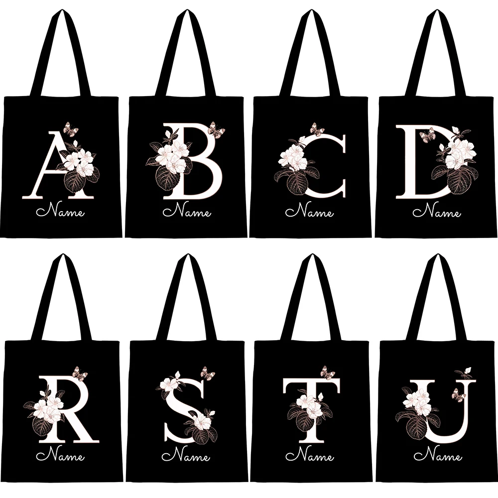 

Подарки с буквенным именем, настраиваемая черная холщовая большая сумка, женские дизайнерские сумки, сумки для покупок, ткань для покупок, ткань для покупок