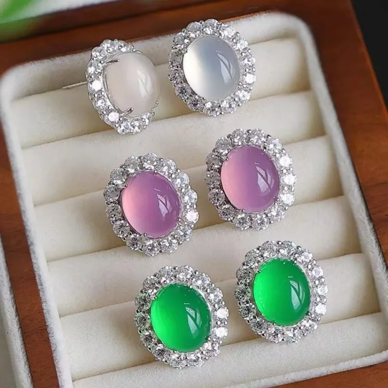 925 silver needle inlaid with ice seed white jade marrow Chinese style earrings green agate simple jade earrings jewelry gifts