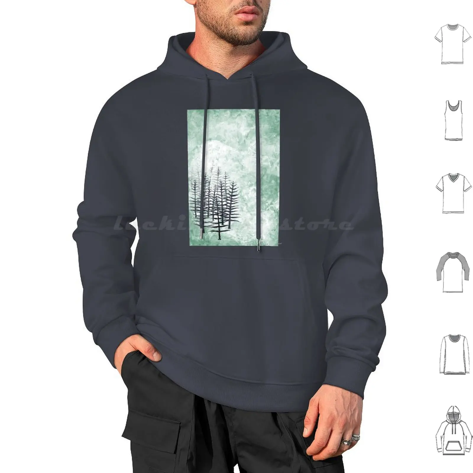 January Hoodie cotton Long Sleeve Blue Christmas Cold Frost Frosty Green Landscape New Year Snow Trees January Winter Forest