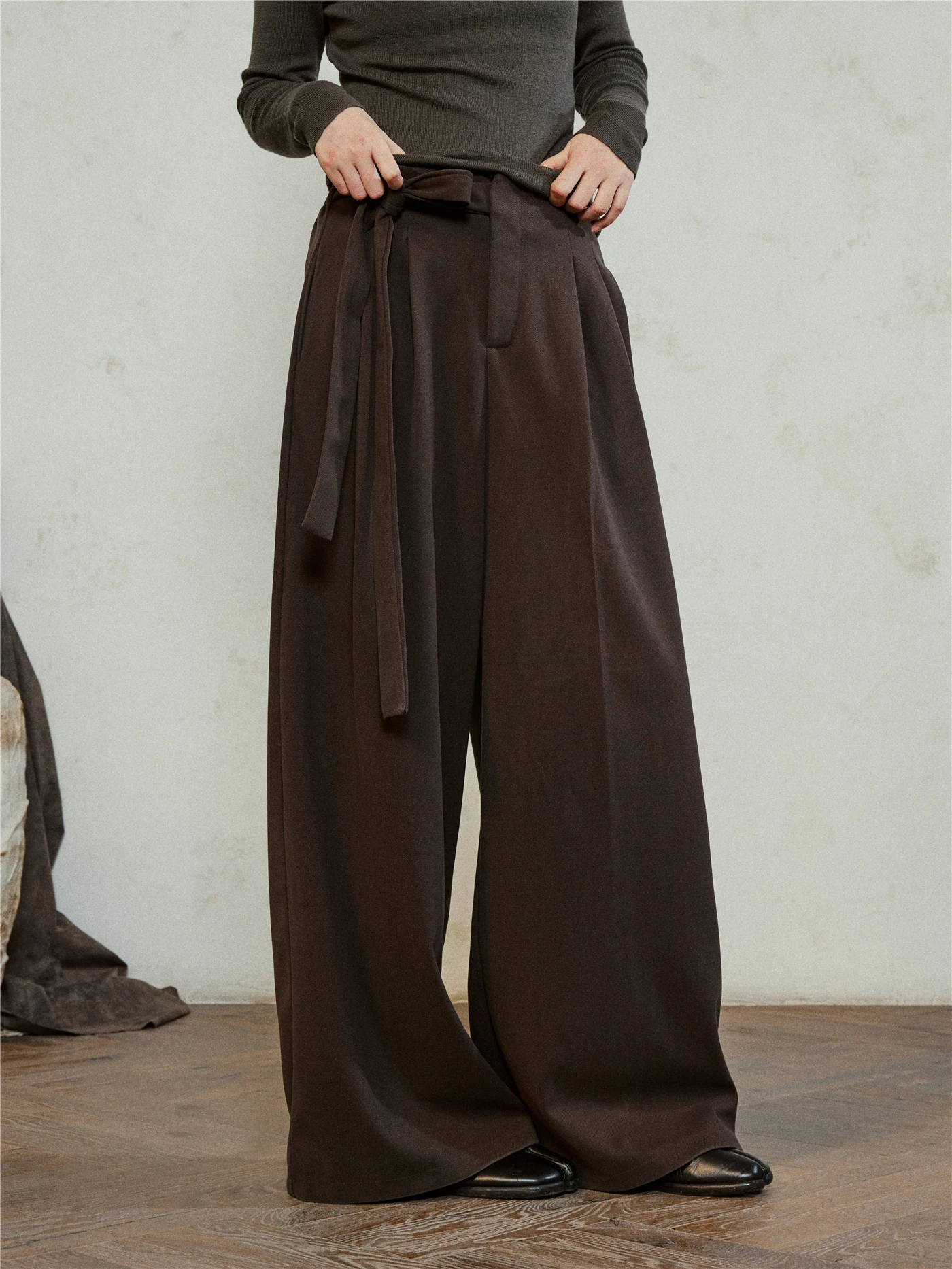 

Sunyvonne Thickened Woolen Wide Leg Pants Belted Casual Straight Cut Trousers Minimalist Design Versatile High Waist Zipper
