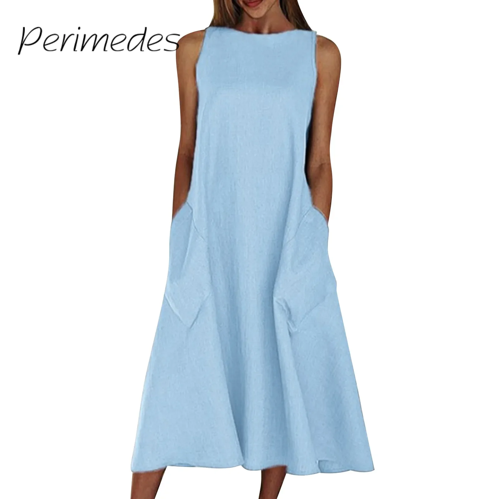 Vestido solto feminino algodão linho cor sólida verão novo maxi vestido sem mangas em torno do pescoço com bolso casual diário vestido longo