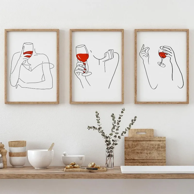 3pcs frameless Canvas Painting Wine Line Art Print Set of 3 Minimalist Red Wine Bar Cart Wall Decor Art Home Decor Frameless Can