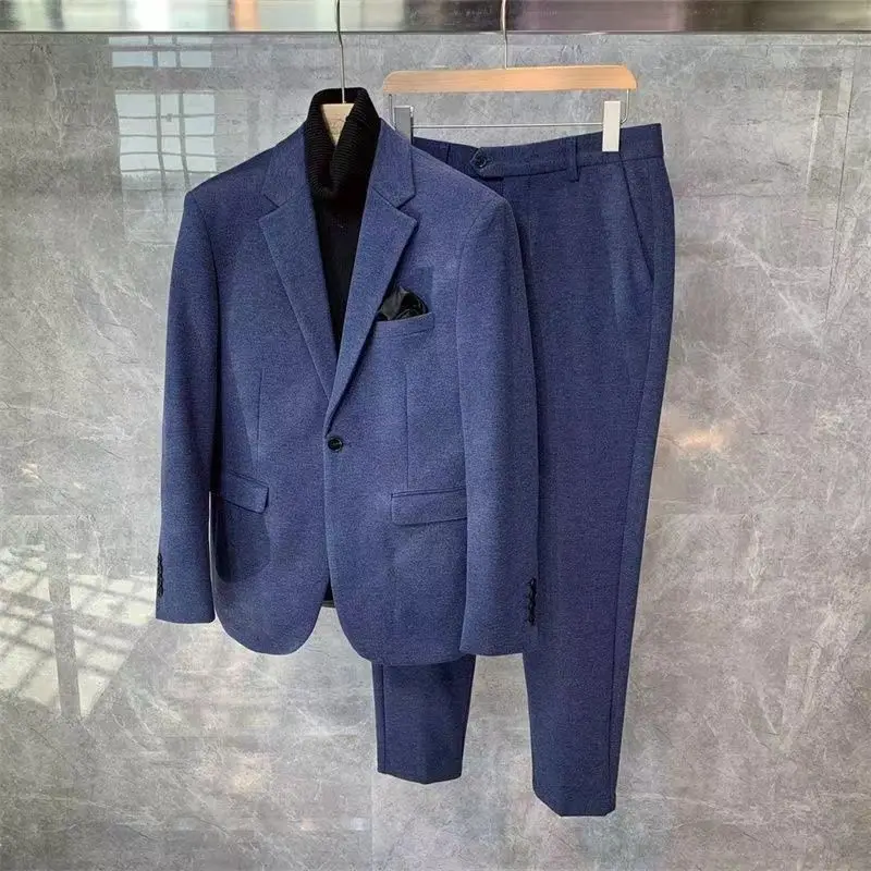 طقم بدلة على الموضة الصوفية الجديدة لخريف وشتاء 2025 ، مقاس سميك ونحيف ، طقم سراويل طويلة للرجال في المكتب والأعمال مكون من قطعتين #2