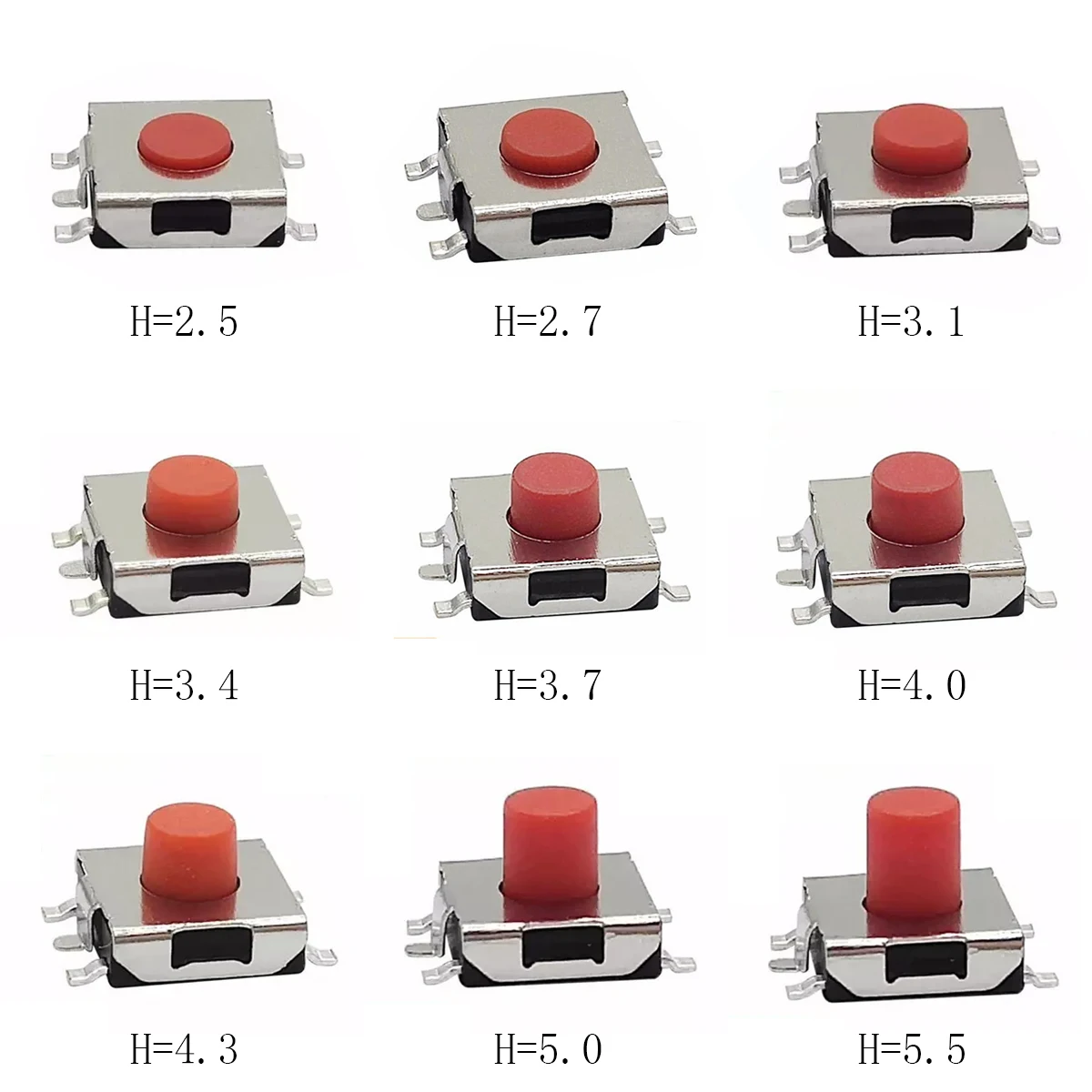 50PCS 6.2X6.2mm Height=2.5/2.7/3.1/3.4/3.7/4/4.3/5/5.5mm 5PIN SMD(SMT) Red Tact Button PCB Mounting Momentary Click