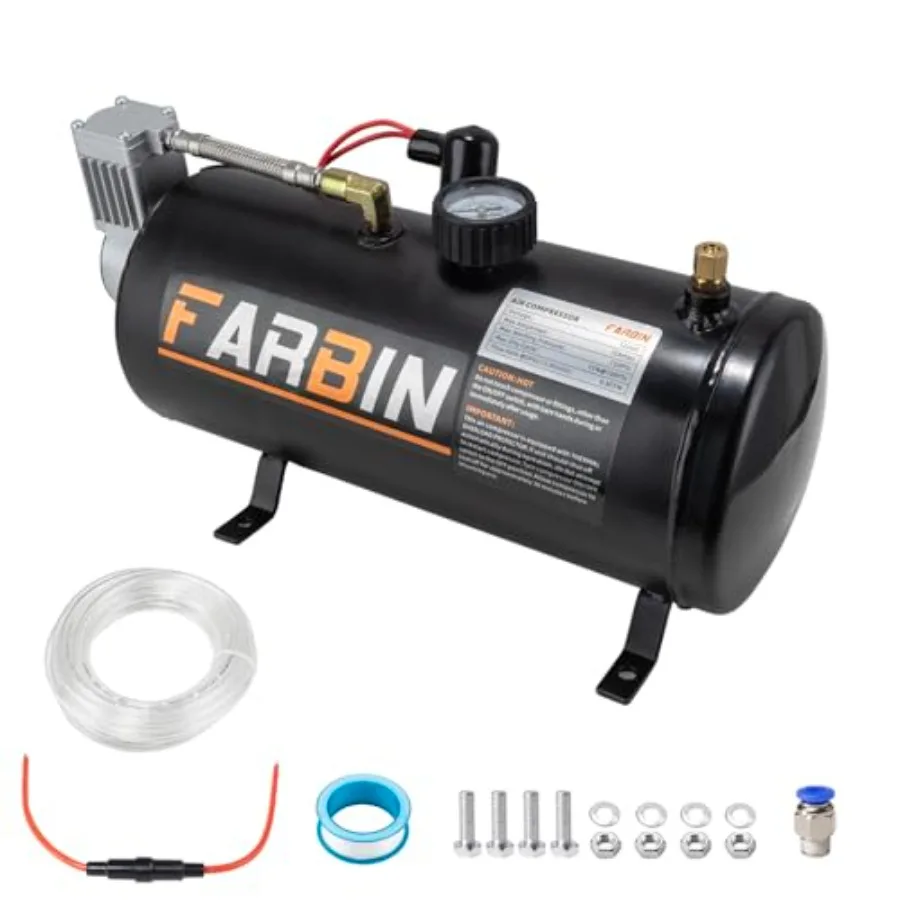 

Train horn tire inflation use, black steel air compressor tank, 150 PSI max pressure, 0.8 gal capacity, compact 12V portable de