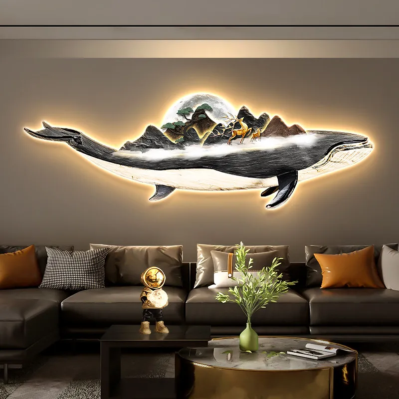 Luxury Whale Sofa Background Wall Light Painting, New Chinese Style Landscape Bedroom Bed Head Glow Hanging Art