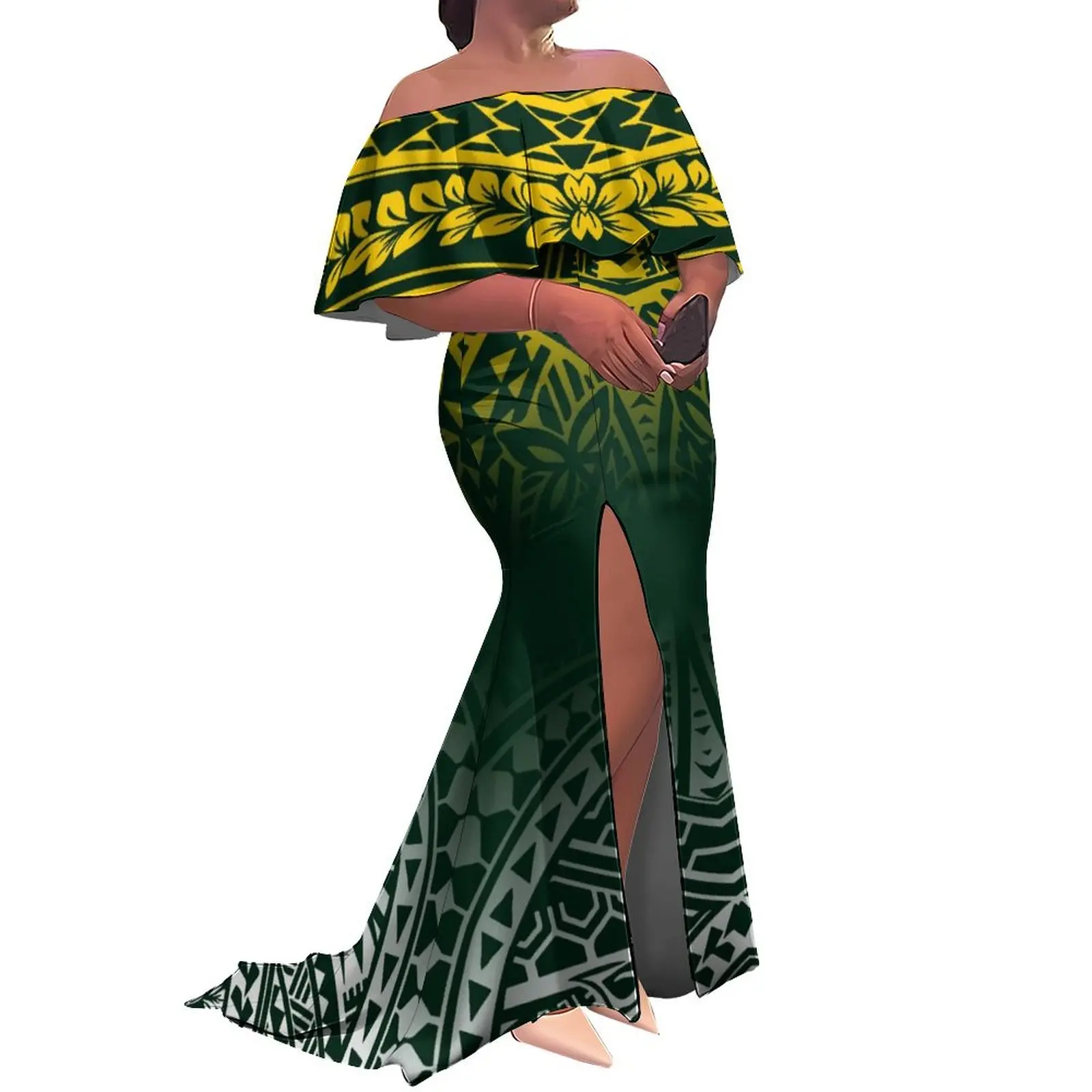 Steuerfreies, hochwertiges, individuell bedrucktes, plissiertes langes Kleid mit Schlitz, polynesisches Tribal-Damenkleid mit Rüschen, schulterfrei, Fischschwanzkleid