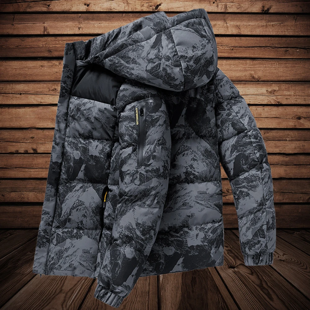 

2023 Winter Youth Fashion Trend Handsome Camo Down Coat Men's Outdoor Sports Leisure Hooded Warm Cotton Coat