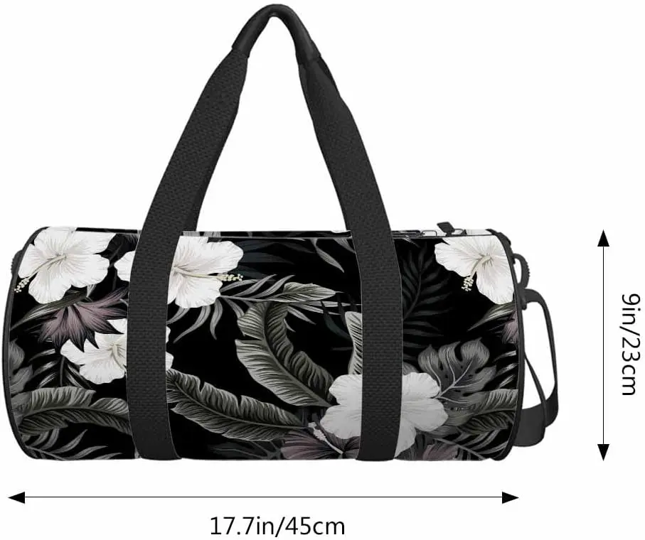 Hibiscus Flower Sports Duffle Bag Tropical Vintage Dark White Floral Palm Leaves Exotic Jungle Shoulder Bag Travel Tote Gym Bag